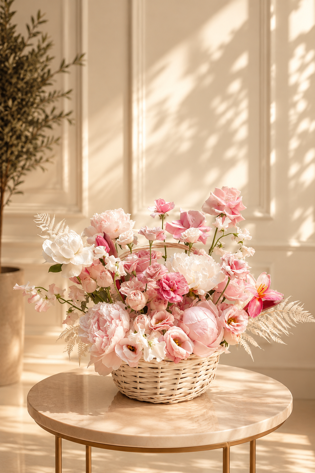 Pink Roses Peonies Wicker Basket