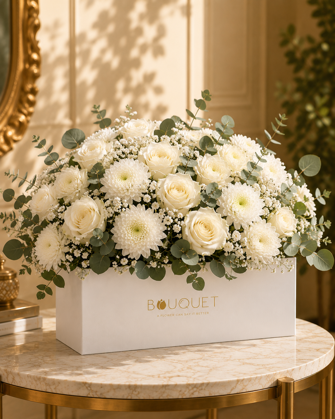 White Roses Chrysanthemums Eucalyptus White Rectangular Box V2