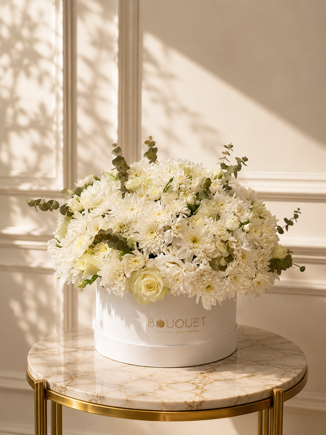 White Chrysanthemums Roses Eucalyptus White Cylinder