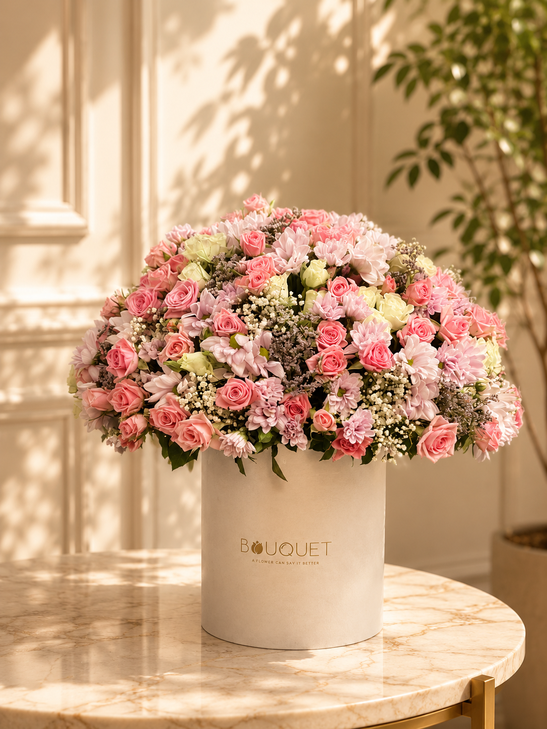 Pink Mixed Flowers Large Dome White Cylinder