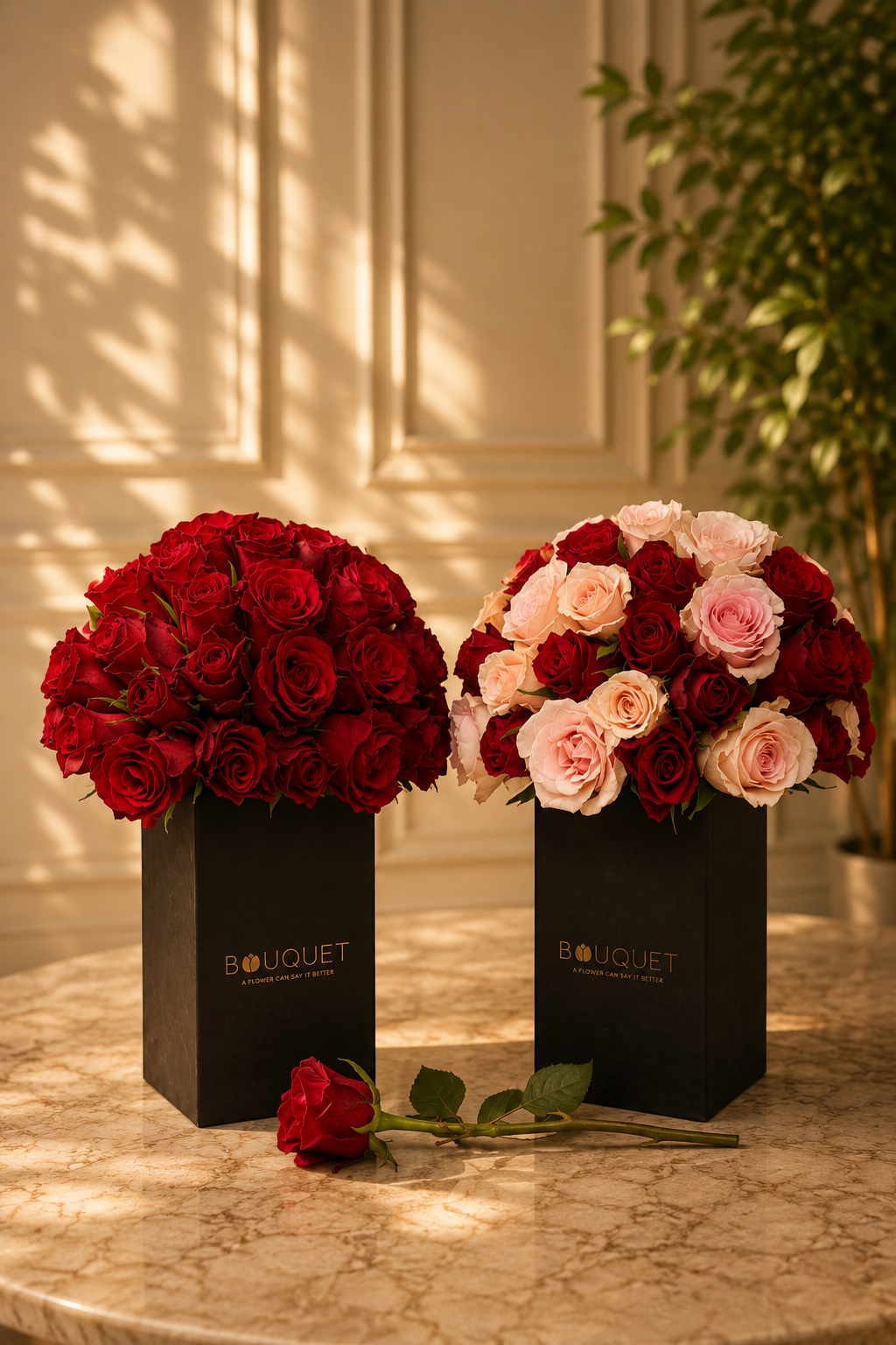 Red Pink Roses Two Black Square Boxes