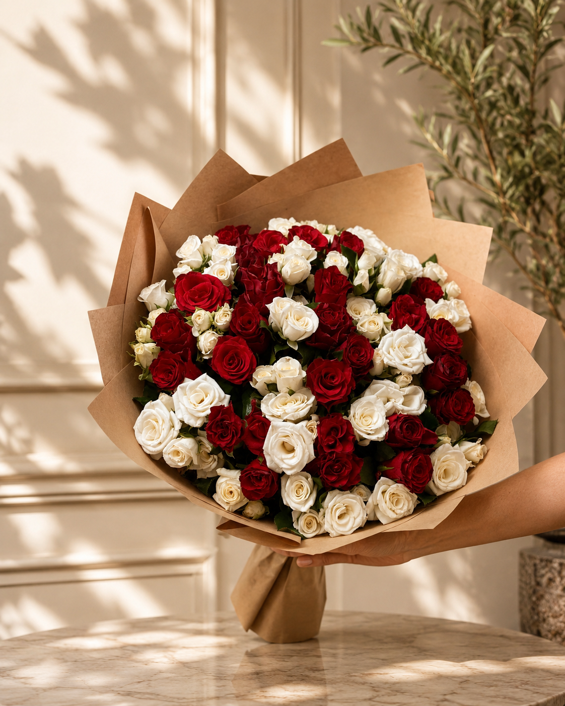 Red White Roses Kraft Wrap Bouquet