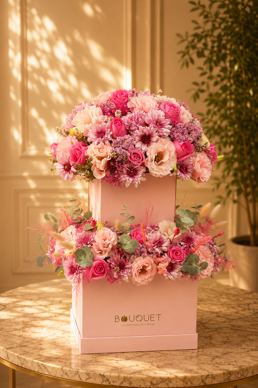 Two Tier Pink Flowers Pink Square Box