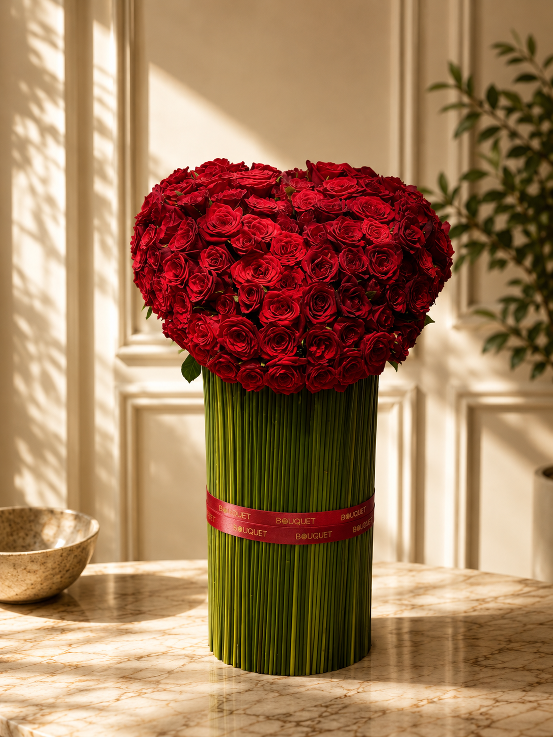 Red Heart Roses Green Stem Cylinder