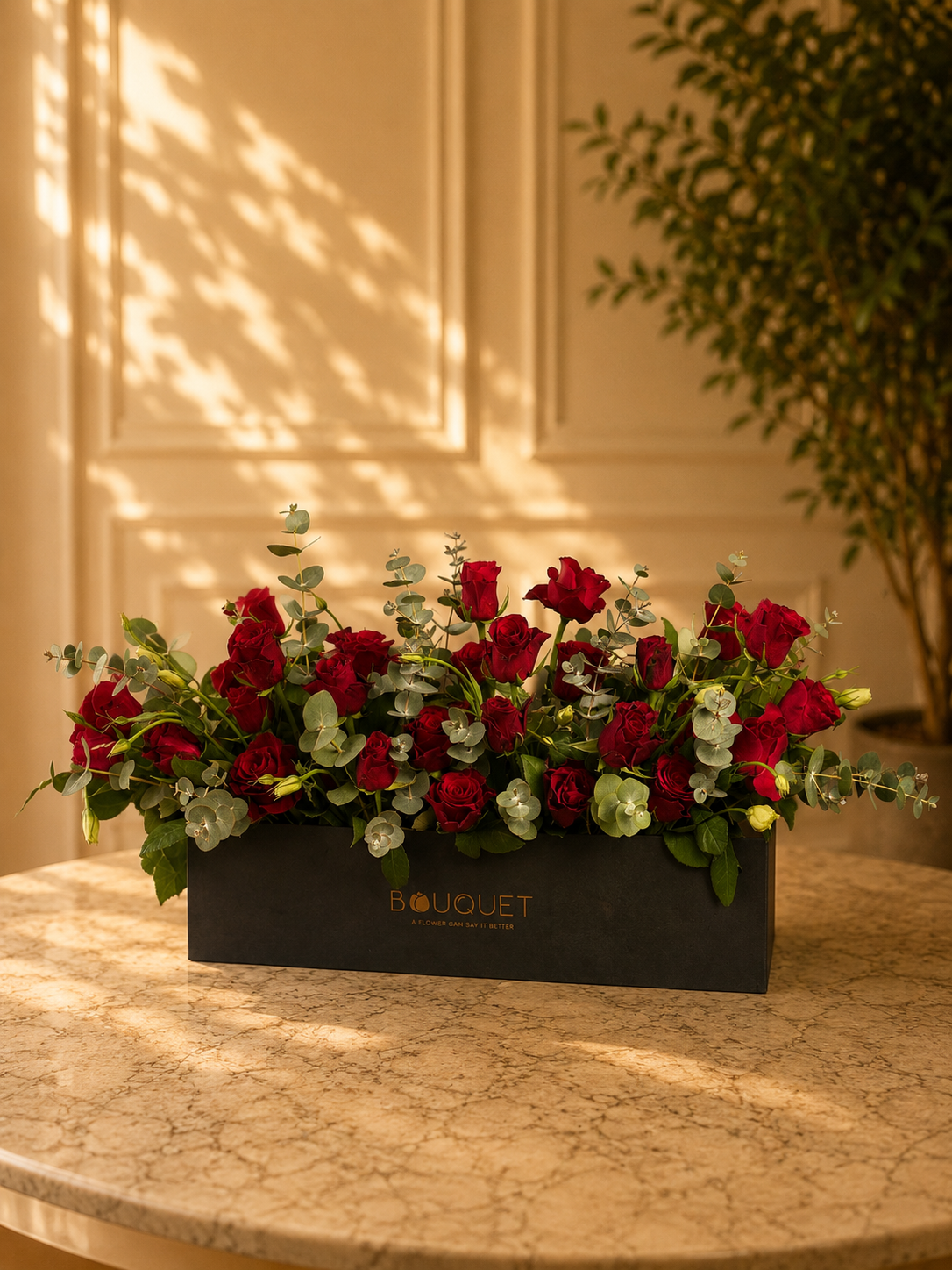 Red Roses Orchids Black Rectangular Box