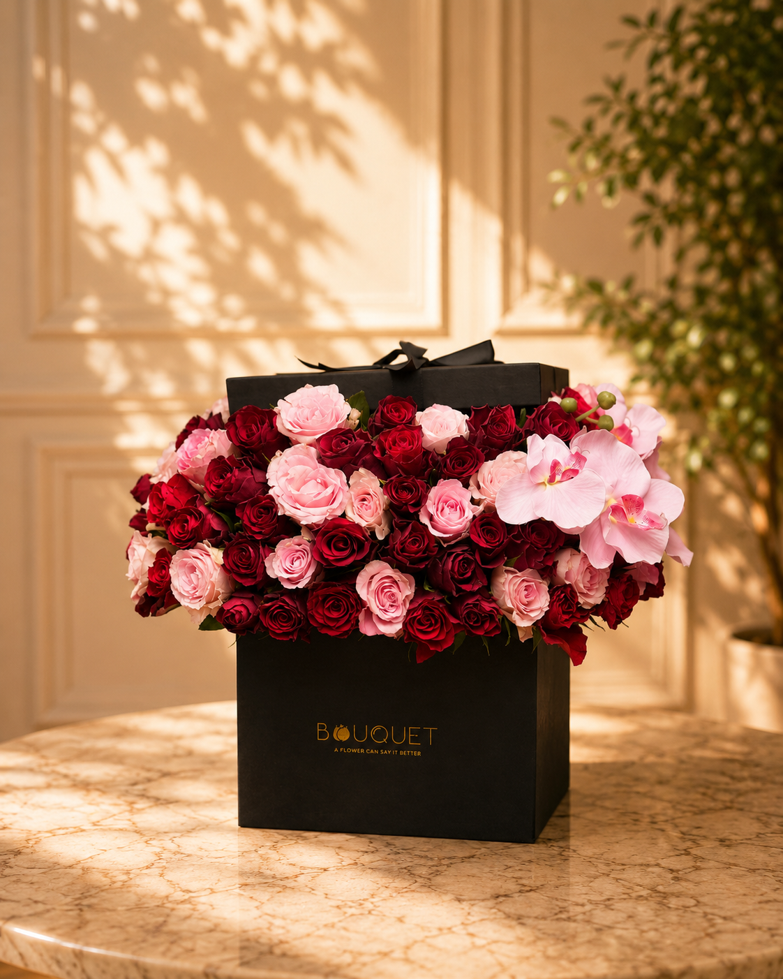 Red Pink Orchid Roses Black Square Box