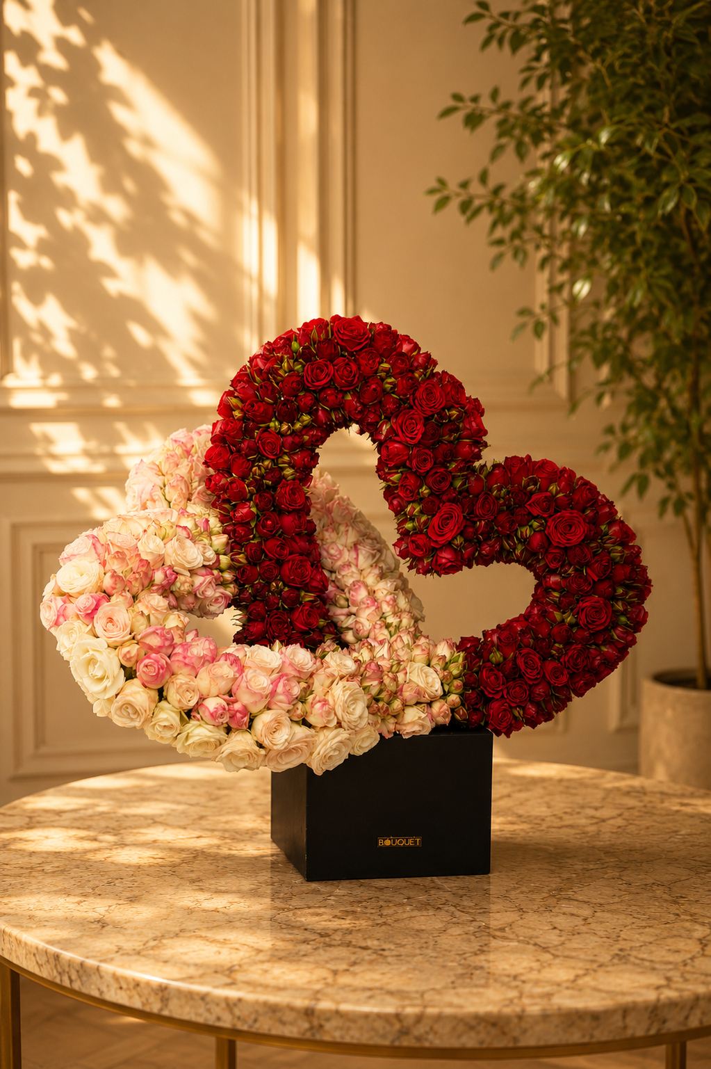 Two Interlocked Hearts Red Pink Roses