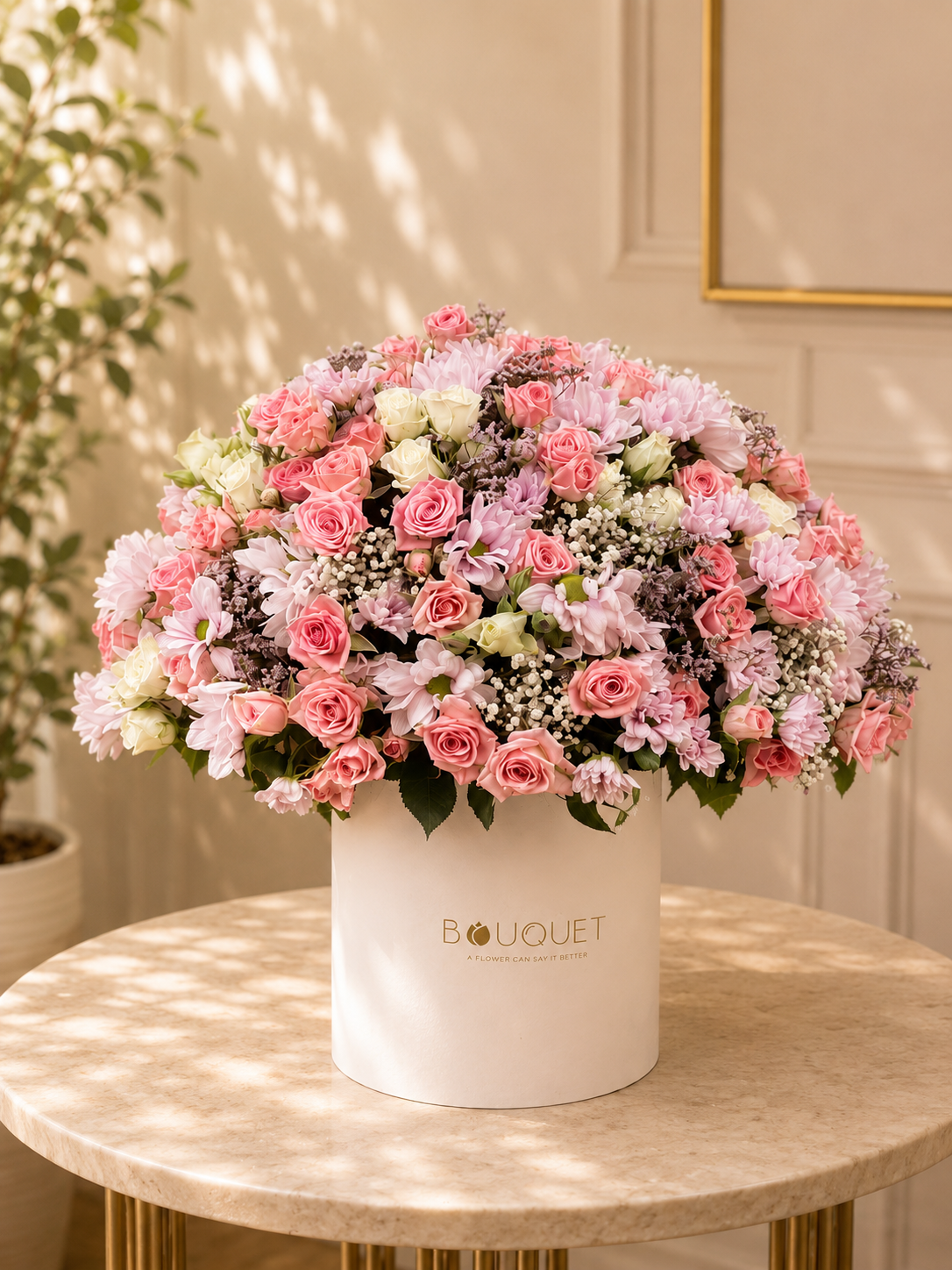 Pink Roses Lavender Chrysanthemums White Cylinder