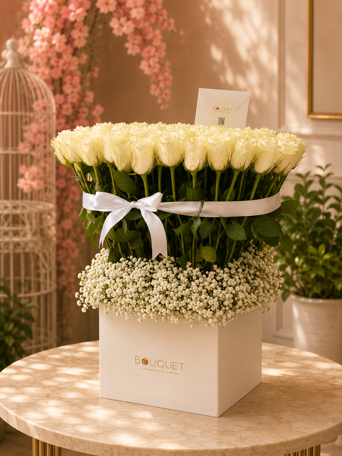 White Roses Babys Breath White Square Box