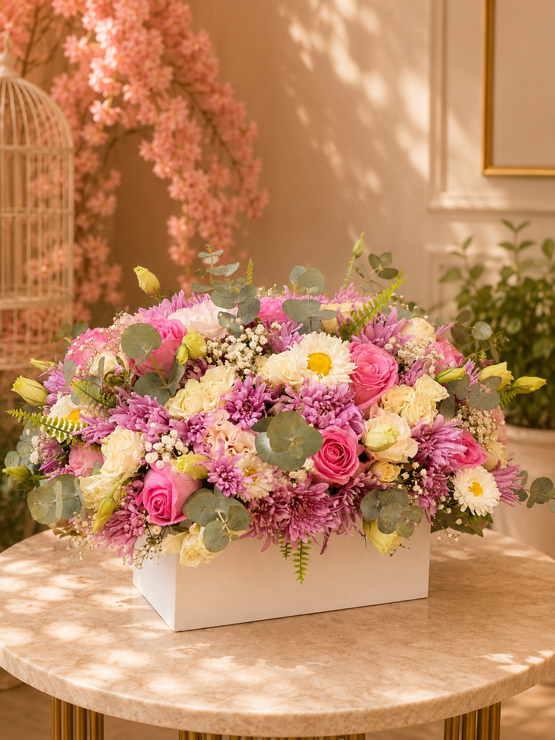 Pink Purple Mixed Flowers White Rectangular Box