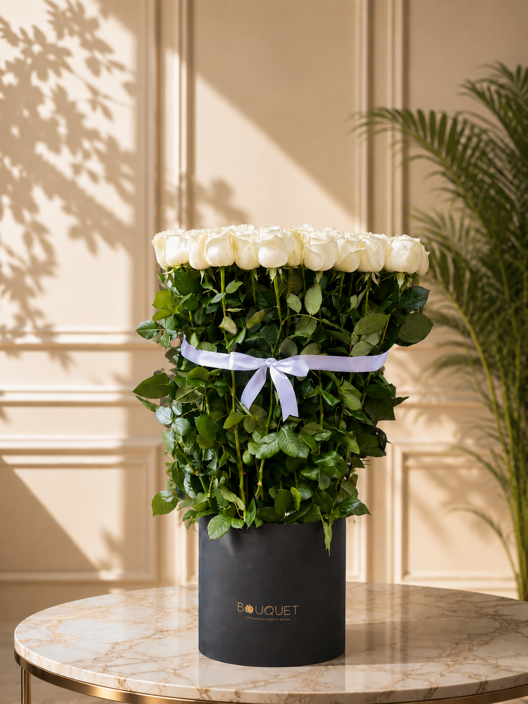 White Roses Stem Ribbon Black Cylinder