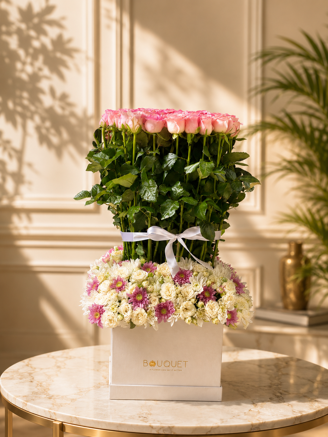 Pink Roses Daisies Two Tier White Square Box