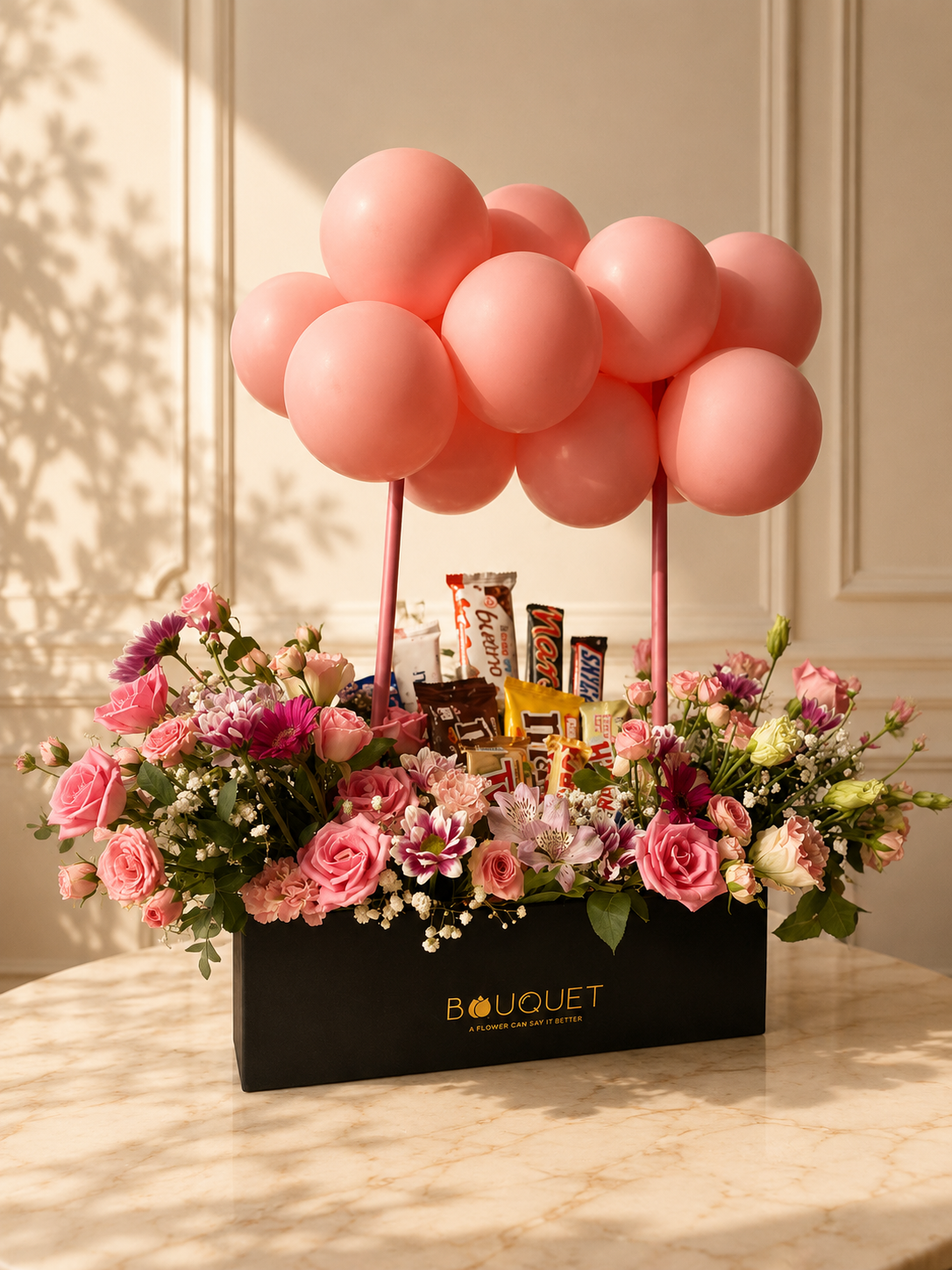 Pink Balloons Candy Flowers Black Box