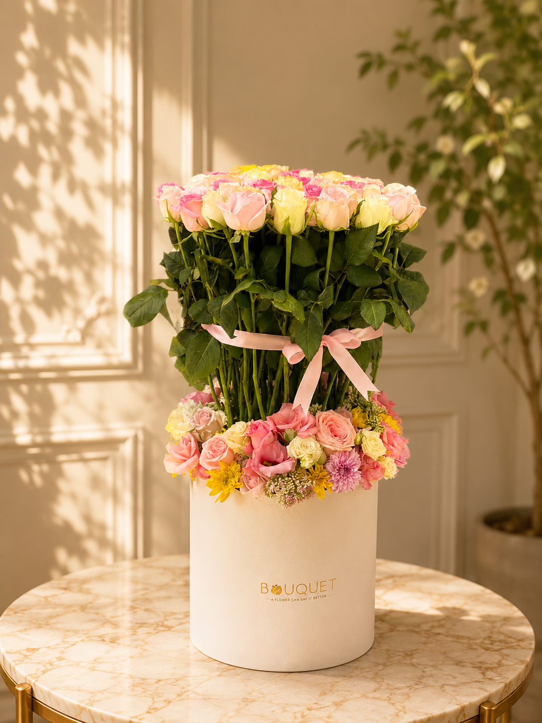 Pink Yellow Roses Two Tier White Cylinder