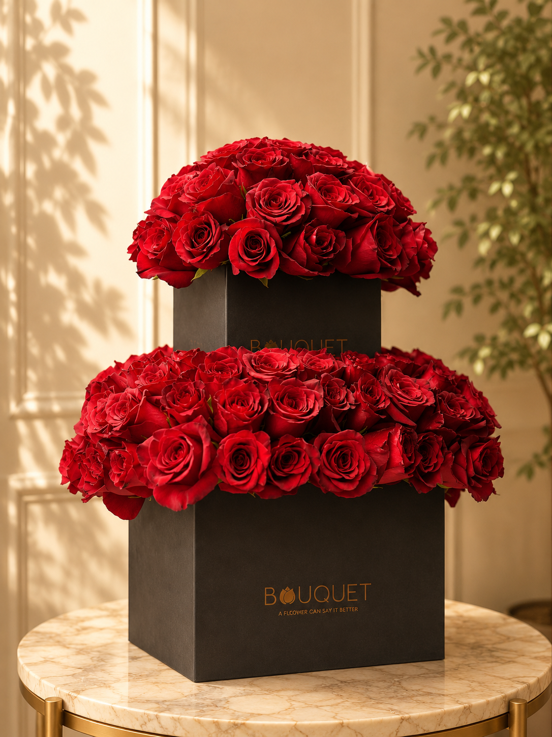 Red Roses Two Tier Black Square Boxes