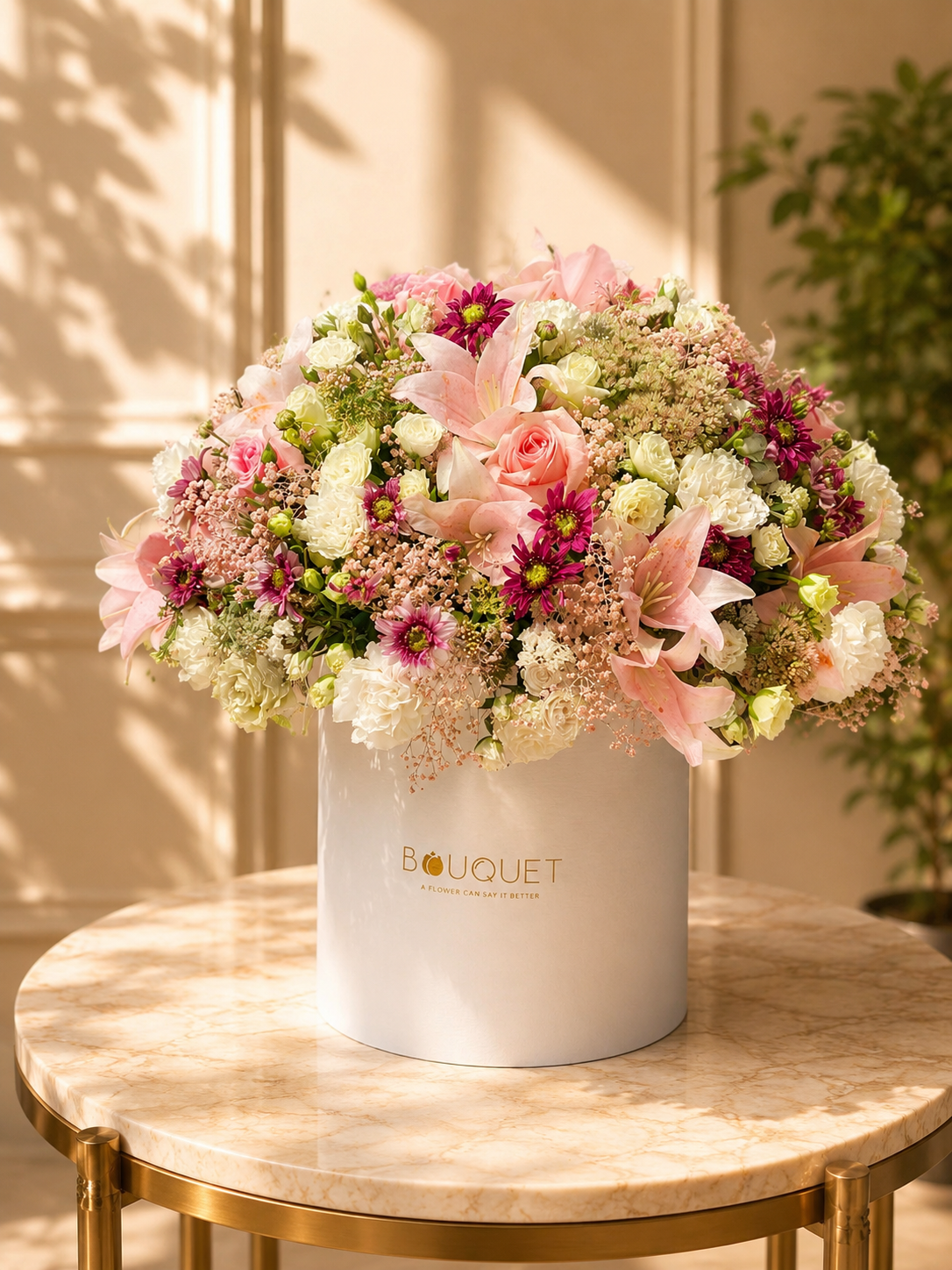 Pink Lily Mixed Flowers White Cylinder