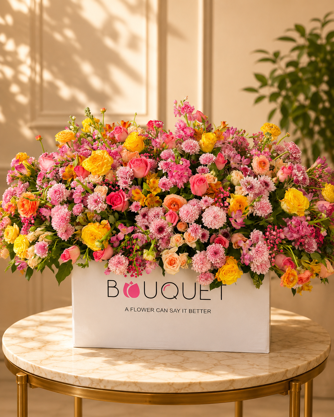 Pink Yellow Mixed Flowers White Rectangular Box