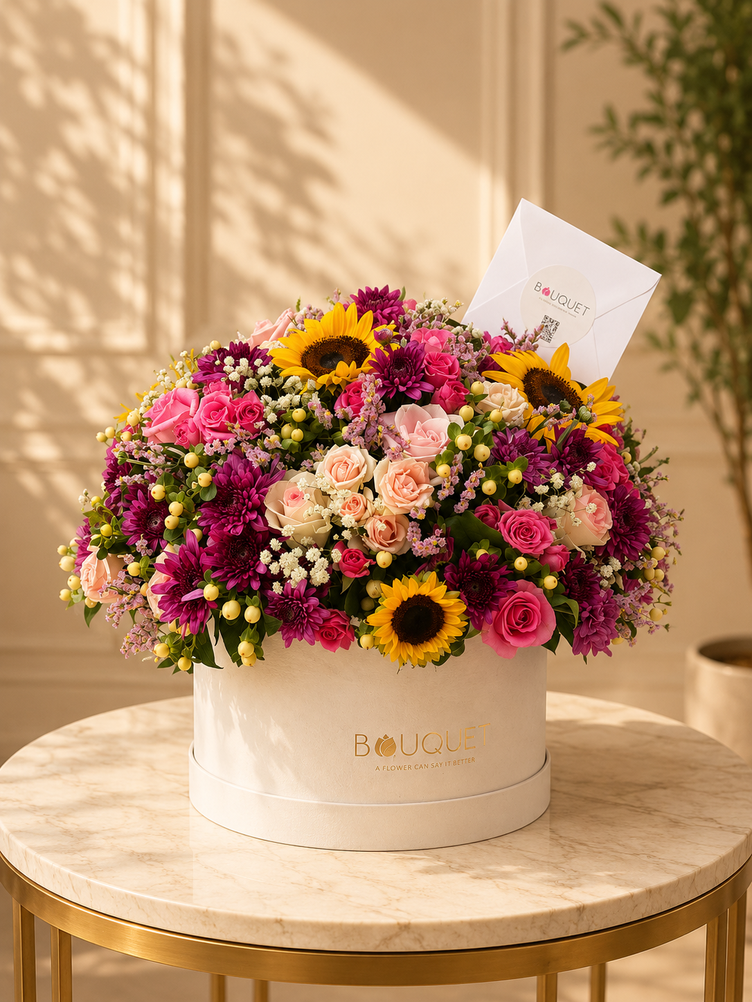 Sunflowers Pink Roses Mixed White Cylinder