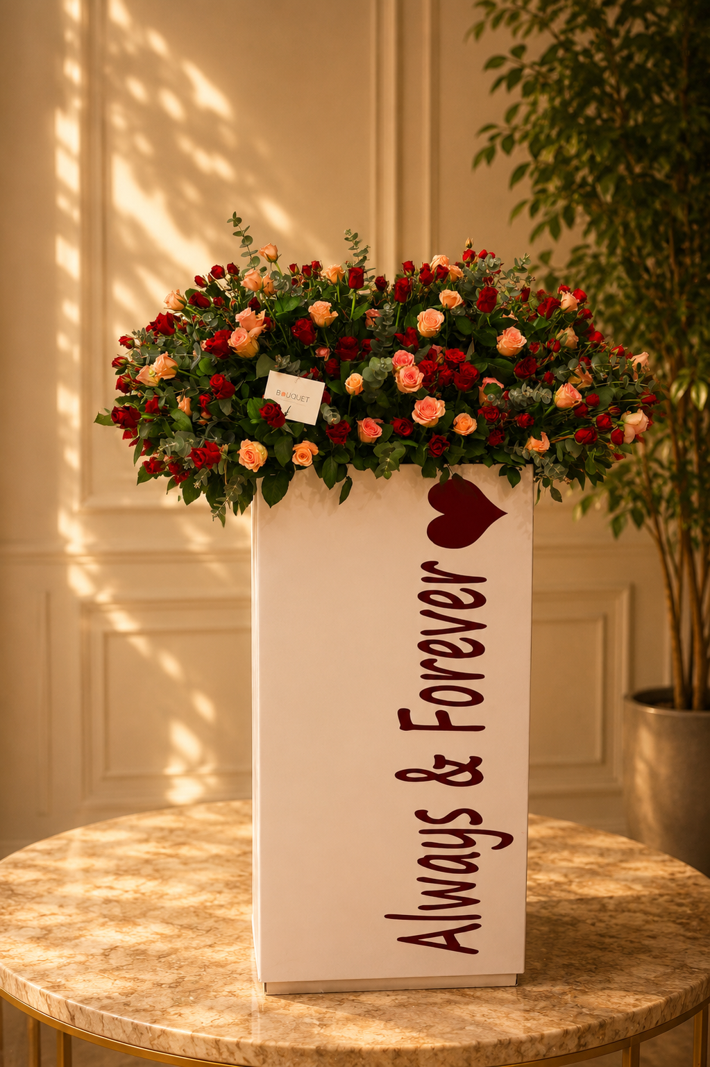 Red Peach Roses Always Forever Tall White Box