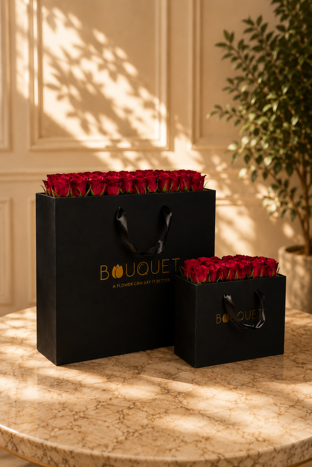 Red Roses Two Black Shopping Bags