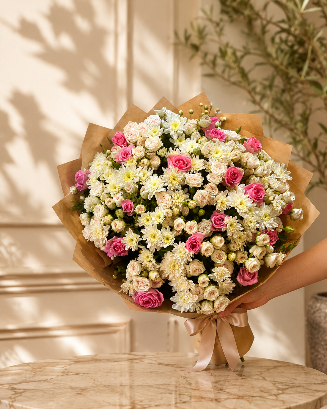 Pink Roses Chrysanthemums Kraft Wrap