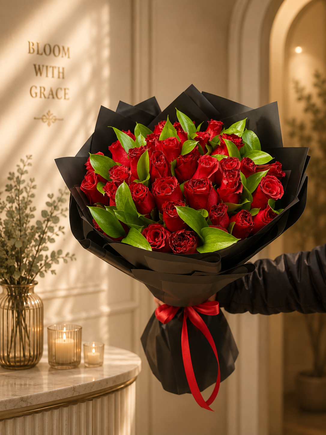 Red Roses Black Wrap Bouquet