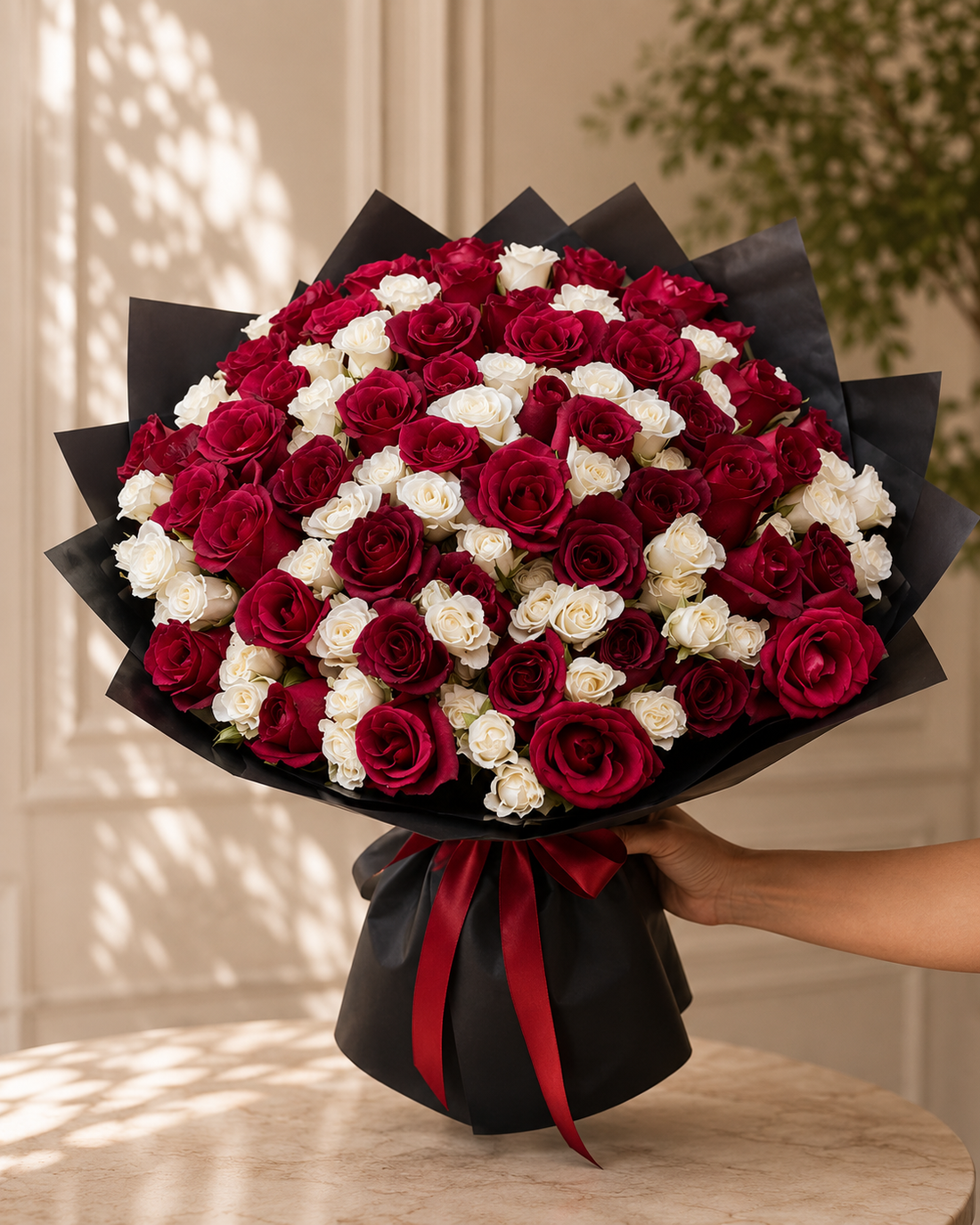 Red White Roses Black Wrap Bouquet V3