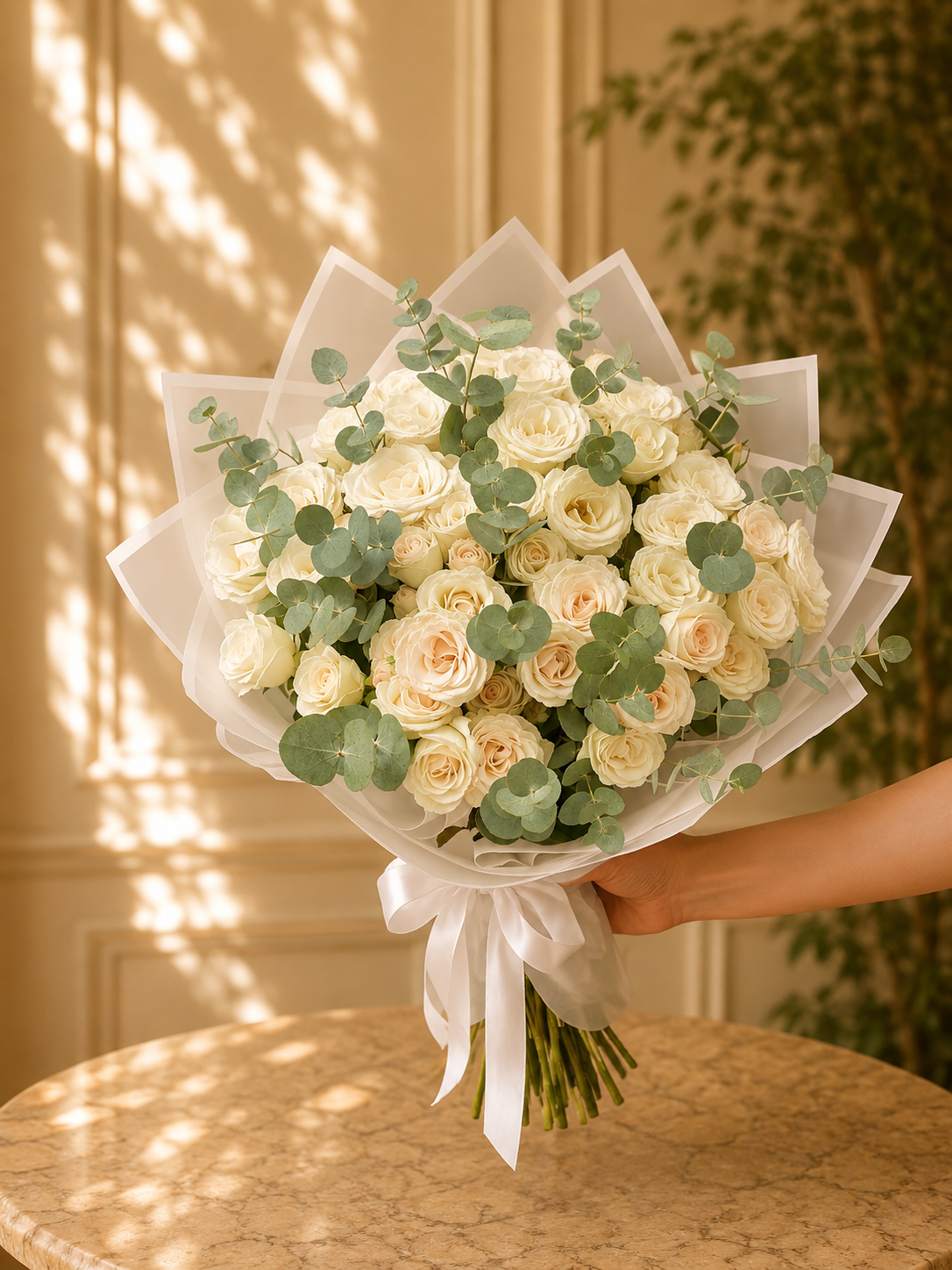 White Roses Eucalyptus Bouquet V3